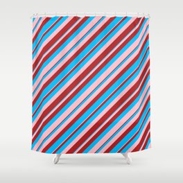 [ Thumbnail: Deep Sky Blue, Pink, and Red Colored Lined/Striped Pattern Shower Curtain ]