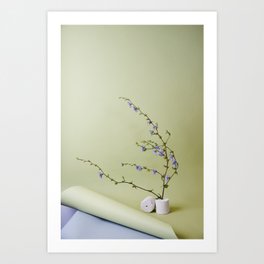Blooming blue flowers on green backdrop | Still life photography art print | Studio photography | green botanical artprint Art Print