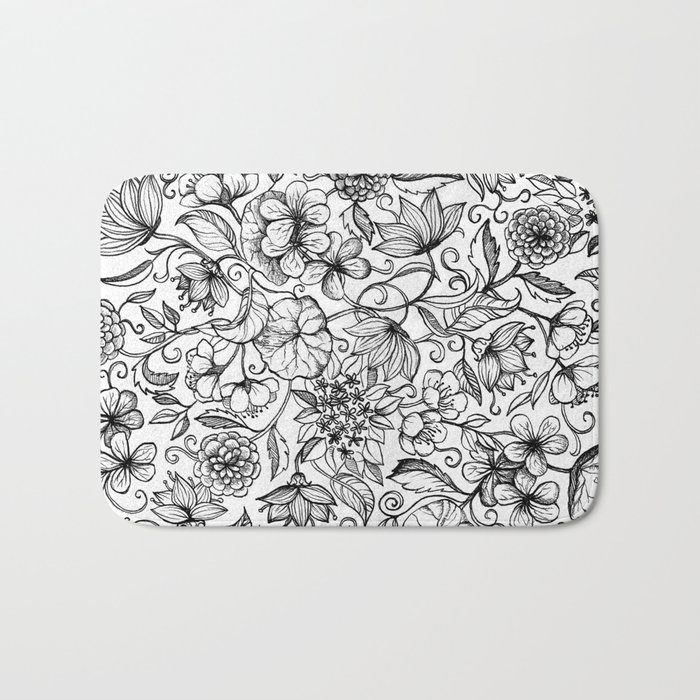 Hand drawn pencil floral pattern in black and white Bath Mat