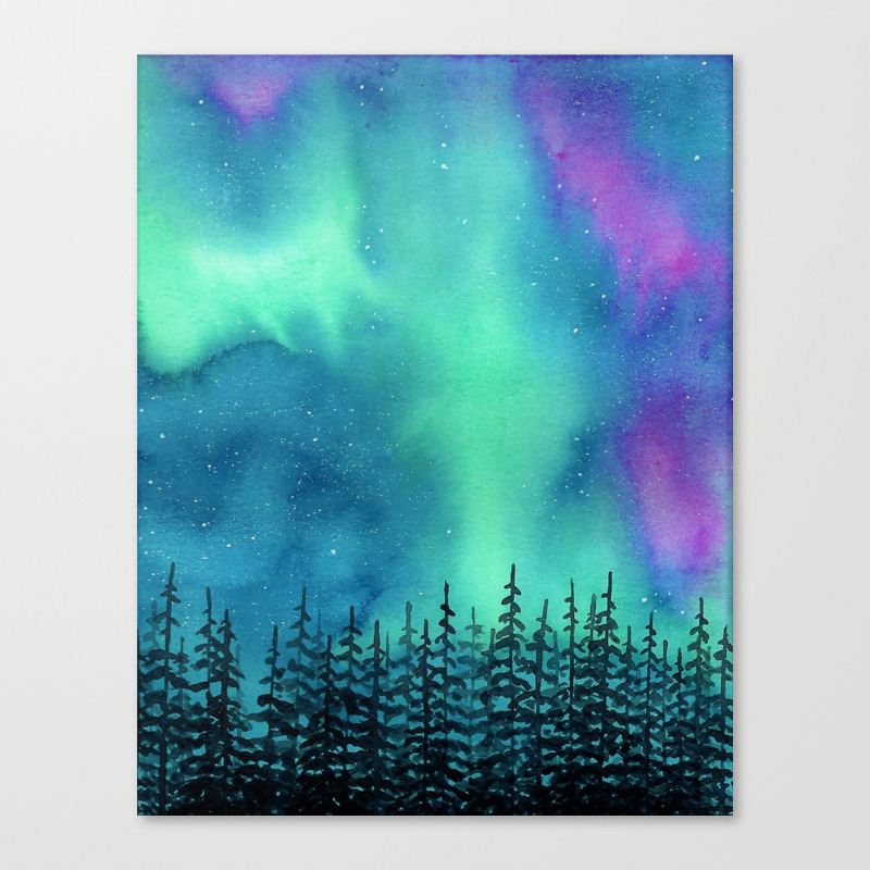 Wilderness Lights Aurora Borealis Watercolor Landscape Painting
