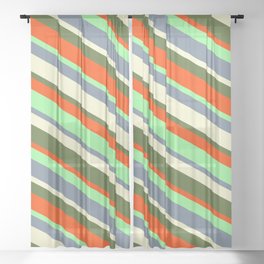 [ Thumbnail: Eyecatching Green, Light Slate Gray, Light Yellow, Dark Olive Green, and Red Colored Lined Pattern Sheer Curtain ]