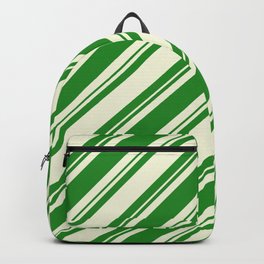 [ Thumbnail: Forest Green and Beige Colored Lined/Striped Pattern Backpack ]