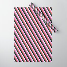 [ Thumbnail: Eye-catching Violet, Red, Dark Slate Gray, Black & White Colored Striped/Lined Pattern Wrapping Paper ]