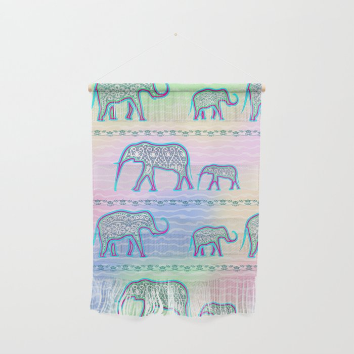 Elephant Family on Pale Stripes Wall Hanging
