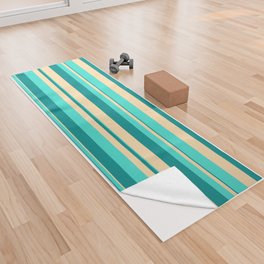 [ Thumbnail: Dark Cyan, Tan & Turquoise Colored Pattern of Stripes Yoga Towel ]