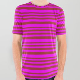 [ Thumbnail: Brown & Fuchsia Colored Striped/Lined Pattern All Over Graphic Tee ]
