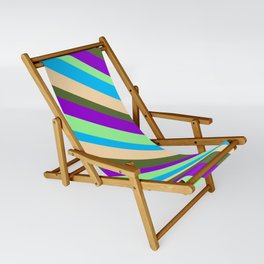 [ Thumbnail: Vibrant Tan, Dark Olive Green, Dark Violet, Green & Deep Sky Blue Colored Lined/Striped Pattern Sling Chair ]