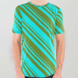 [ Thumbnail: Aqua & Green Colored Lined Pattern All Over Graphic Tee ]