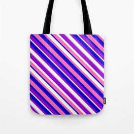 [ Thumbnail: Dark Violet, Mint Cream, Hot Pink, and Blue Colored Stripes/Lines Pattern Tote Bag ]