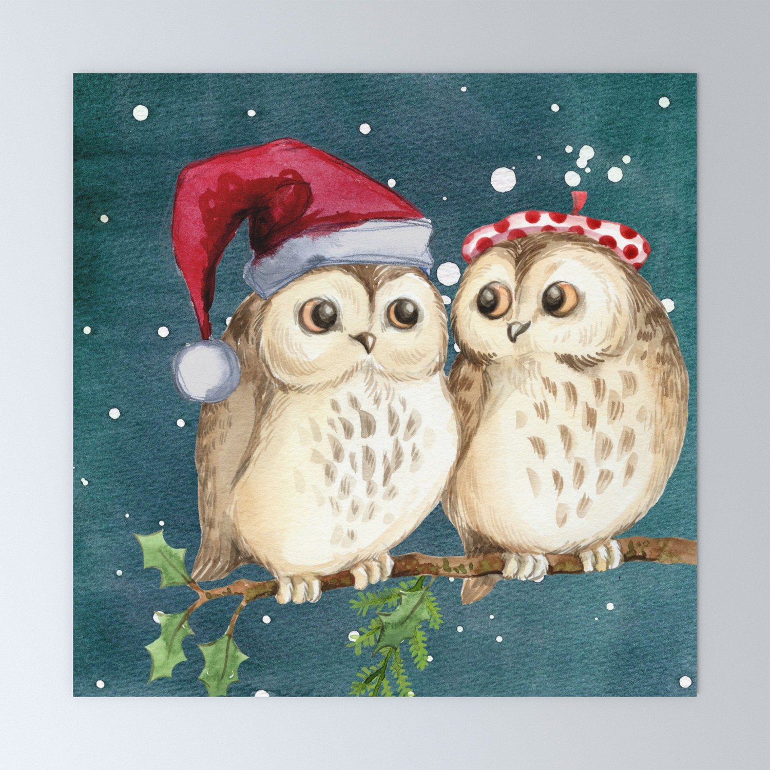 Cute Christmas Winter Owl Couple Painting Mini Art Print By