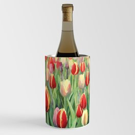 An oil painting on canvas of a spring seasonal theme. Colorful red, pink and yellow blooming tulips on display in Keukenhof Gardens, Netherlands. Wine Chiller