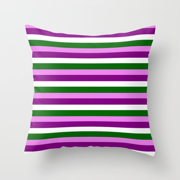 Violet, Purple, White, and Dark Green Striped/Lined Pattern Throw Pillow by  AponxDesigns