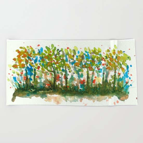 Silent Woods, Abstract Watercolors Landscape Art Beach Towel