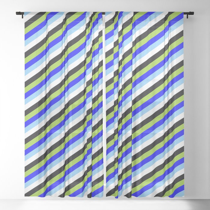 Eyecatching Blue, Light Sky Blue, White, Black, and Green Colored Lined Pattern Sheer Curtain