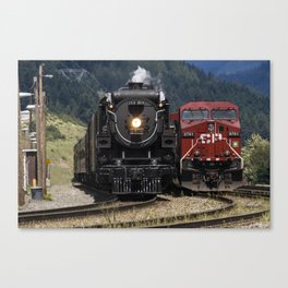 Old Meets New - The Canadian Pacific Steam Train 2816 meets a modern locomotive Canvas Print