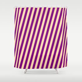 [ Thumbnail: Tan and Purple Colored Lines Pattern Shower Curtain ]