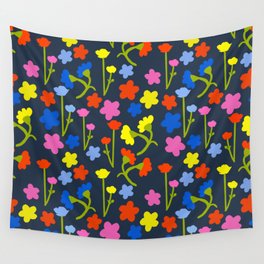 Cheerful 80’s Summer Flowers On Navy Blue Wall Tapestry