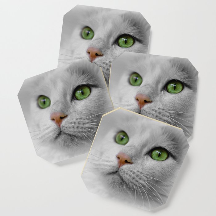 White Cat Wit Green Eyes Coaster By Erikakai Society6