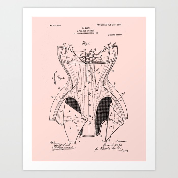 Antique Corset Patent Pink Blueprint Art Print