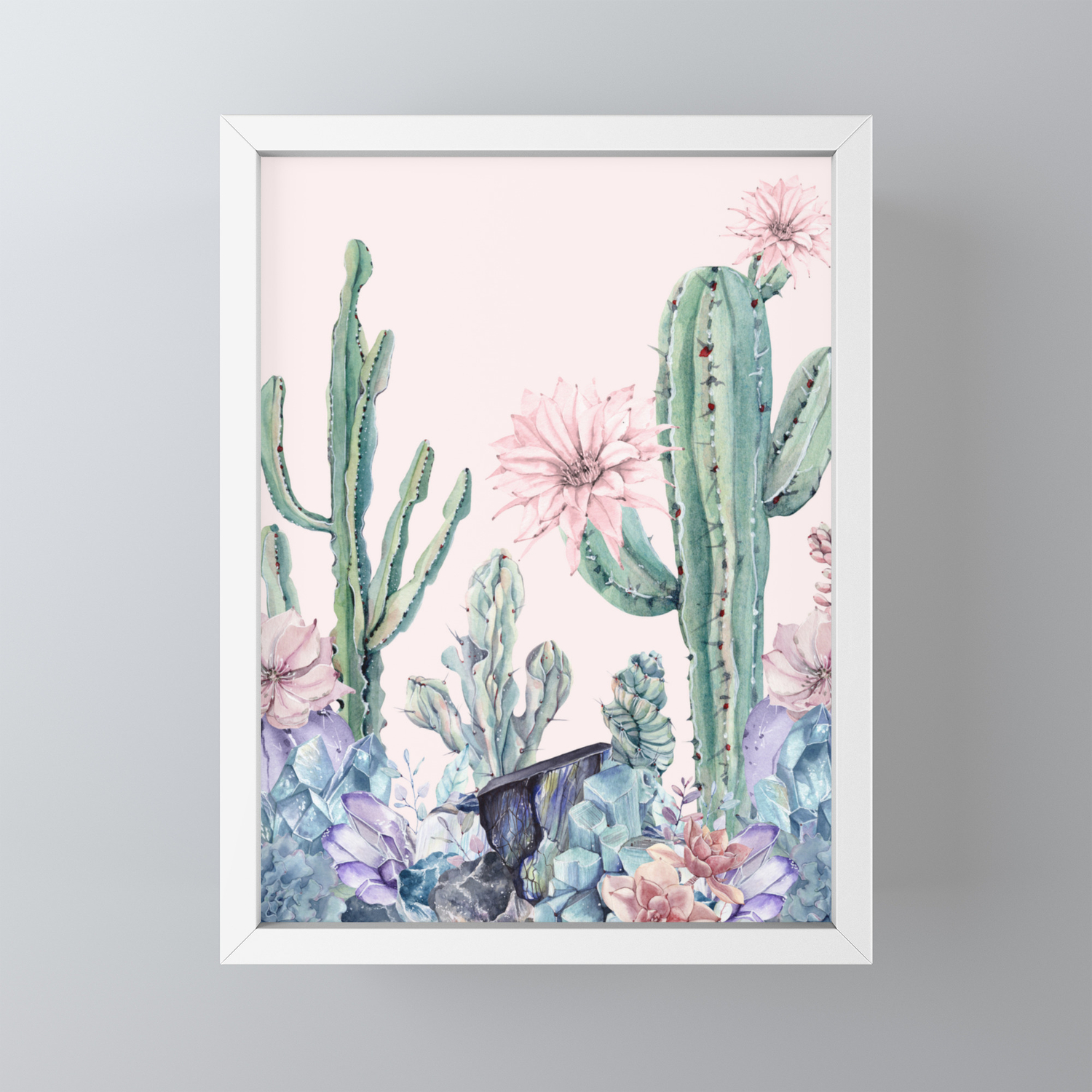 Desert Cactus Succulents Gemstones On Blush Pink Framed Mini Art