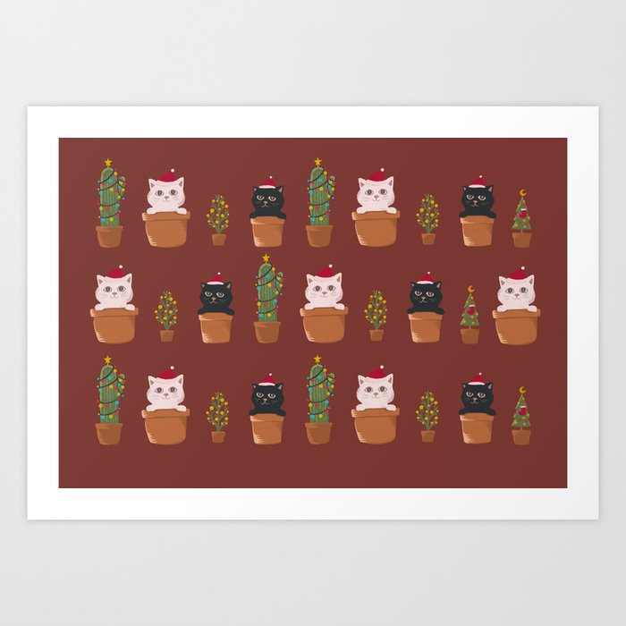 Hidden cat 15 Merry Christmas tree and plants Art Print