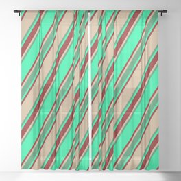 [ Thumbnail: Green, Maroon, Tan & Sea Green Colored Lined/Striped Pattern Sheer Curtain ]