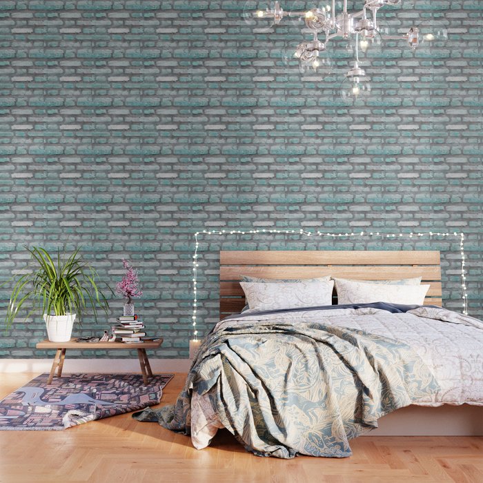 Aqua and Gray Brick Wall Wallpaper