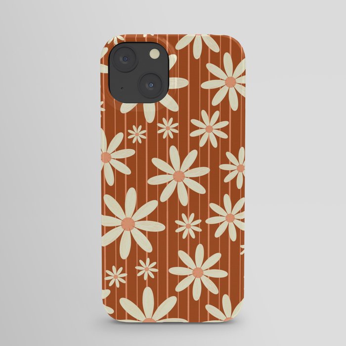 Retro Groovy Daisy Flower Power Vintage Boho Pattern with Stripes in Terracotta, Clay, Rust iPhone Case