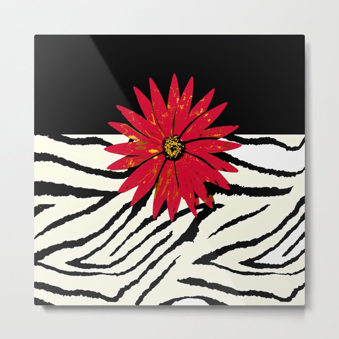 Animal Print Zebra Black and White and Red flower Medallion Metal Print