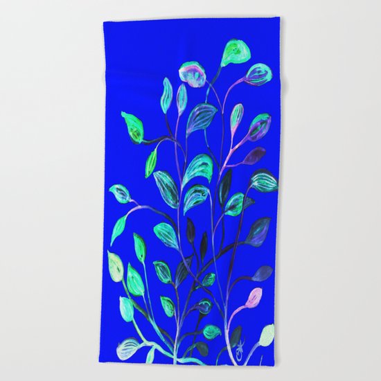 Blue Night's Red and Green Leaves! Beach Towel
