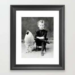 Smoking Boy with Chicken black and white photograph - photography - photographs Framed Art Print