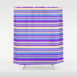 [ Thumbnail: Purple, Beige, and Cornflower Blue Colored Striped/Lined Pattern Shower Curtain ]