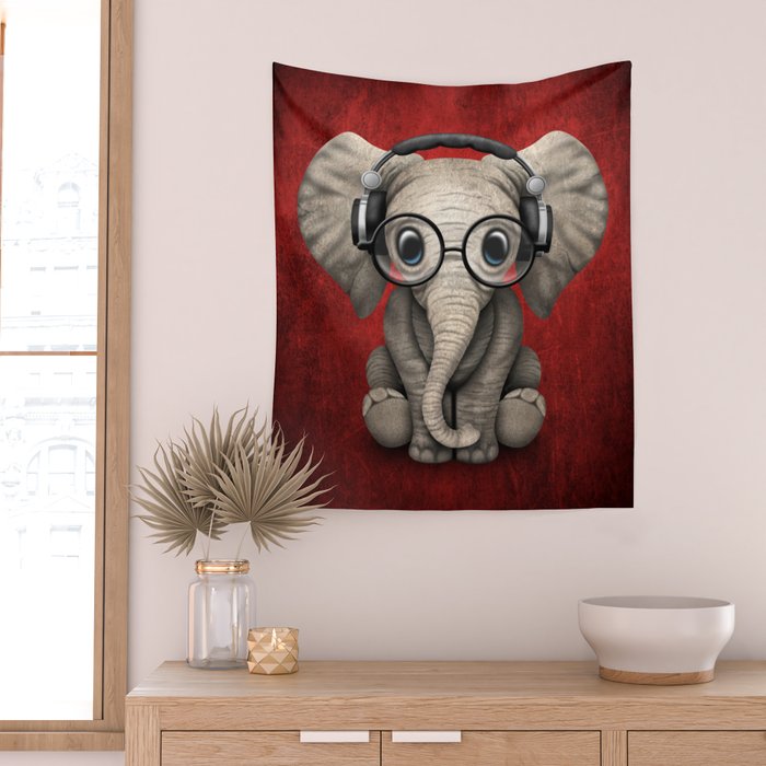 Cute Baby Elephant Dj Wearing Headphones and Glasses on Red Wall Tapestry  by Jeff Bartels | Society6