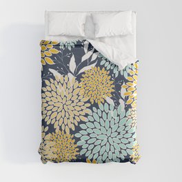 Floral Prints and Leaves, Navy Blue, Yellow, Aqua Duvet Cover