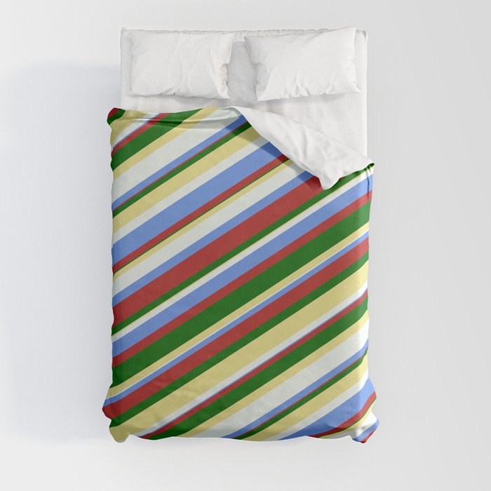 Colorful Tan, Mint Cream, Cornflower Blue, Red, and Dark Green Colored Stripes Pattern Duvet Cover