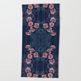 Art Nouveau floral pattern with lines – dark blue Beach Towel