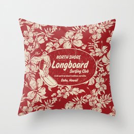 Club Surfing Longboard Surf Logo and Hibiscus Hawaiian Print      Throw Pillow