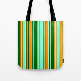 [ Thumbnail: Dark Orange, Dark Green, and Aquamarine Colored Stripes Pattern Tote Bag ]