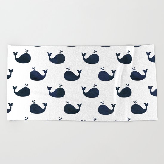 Navy blue and white maritime sea whale pattern Beach Towel