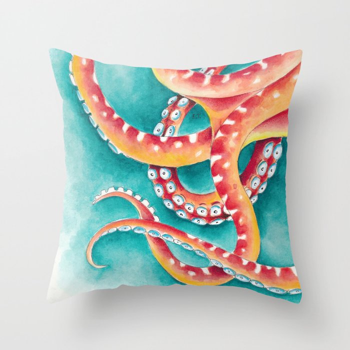Orange Red Tentacles Octopus Squid Watercolor Throw Pillow