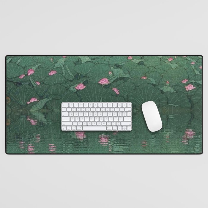The lily pond at Benten Shrine in Shiba, Japan floral Japanese landscape painting by Kawase Hasui Desk Mat