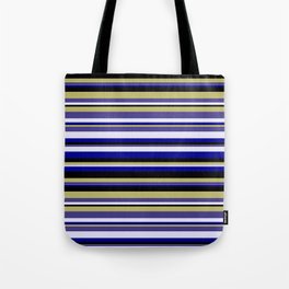 [ Thumbnail: Eyecatching Dark Khaki, Dark Slate Blue, Lavender, Dark Blue, and Black Colored Lines Pattern Tote Bag ]