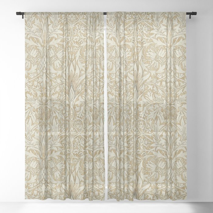 William Morris Vintage Snakeshead Gold Linen Pattern Sheer Curtain