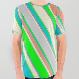 [ Thumbnail: Lime, Dark Turquoise, Dark Salmon, Beige, and Light Gray Colored Stripes/Lines Pattern All Over Graphic Tee ]