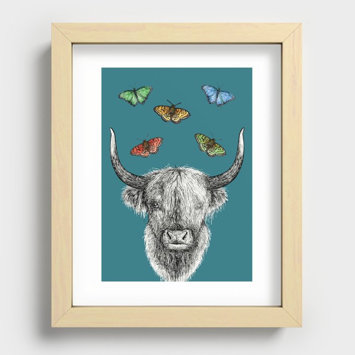 Heather the Highland Cow, Butterflies, pen and ink illustrations, blue Recessed Framed Print
