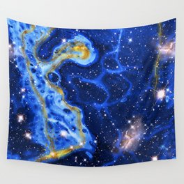 Neon marble space #4: blue, gold, stars Wall Tapestry