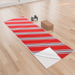 [ Thumbnail: Red and Light Blue Colored Lined Pattern Yoga Towel ]