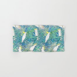 cockatoos playing around in a tropical garden watercolor Hand & Bath Towel