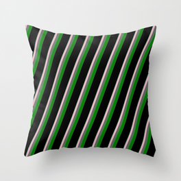 [ Thumbnail: Vibrant Aquamarine, Light Pink, Dim Gray, Green & Black Colored Lined/Striped Pattern Throw Pillow ]