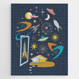 Mid Century Architecture in Space - Retro design in pastels on Navy by Cecca Designs Jigsaw Puzzle